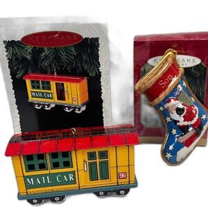 Halmark Keepsake Christmas Ornaments Set - Mail Car 1996 & Santa Stocking 1997